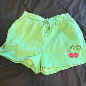 Green Women's Shorts with Cherry Design